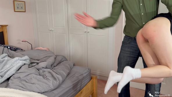 Untidy Bedroom Attitude – Kinia was told to tidy her room. Her attitude soon has her dangling helplessly, legs kicking as she is given a bare bottom s